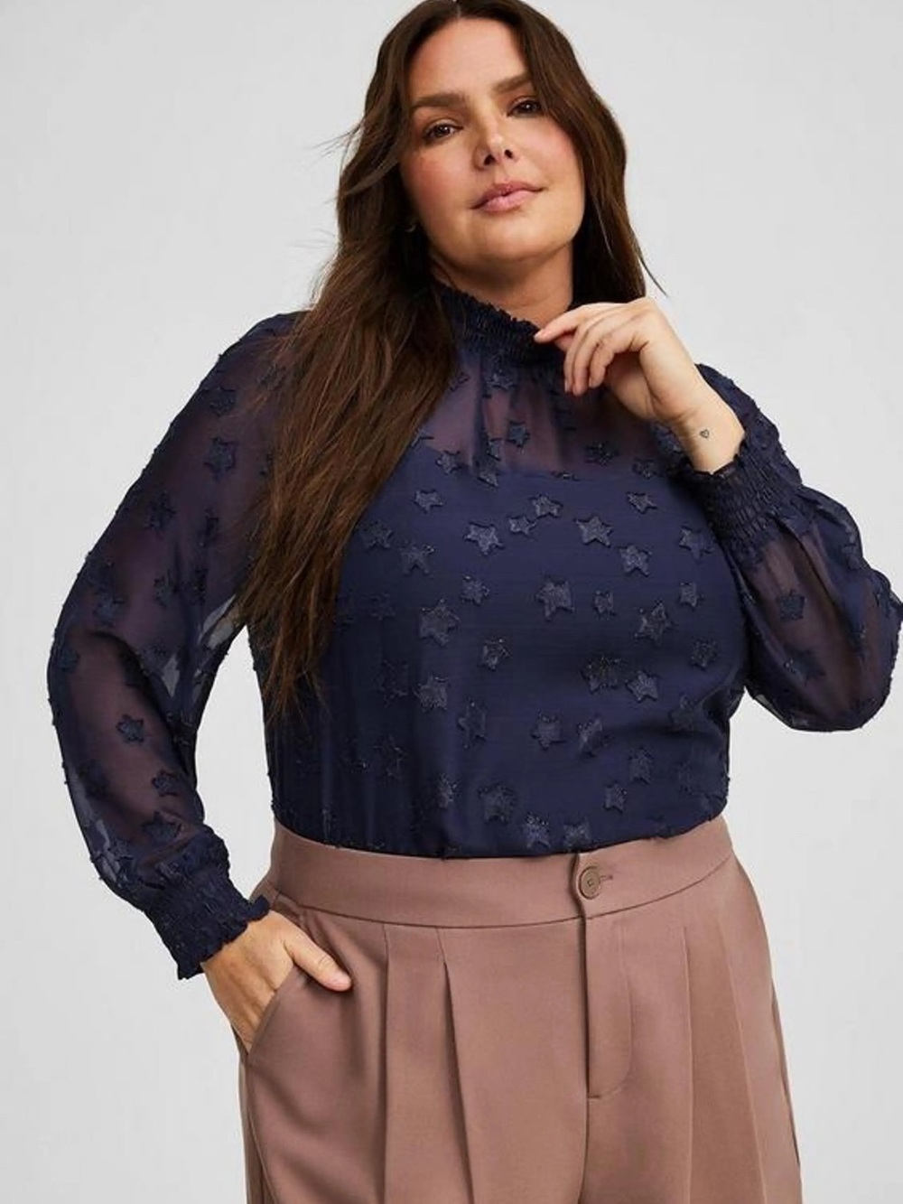 NWT Torrid Lurex Chiffon Star Blouse Navy Sheer Metallic 1X 14-16
